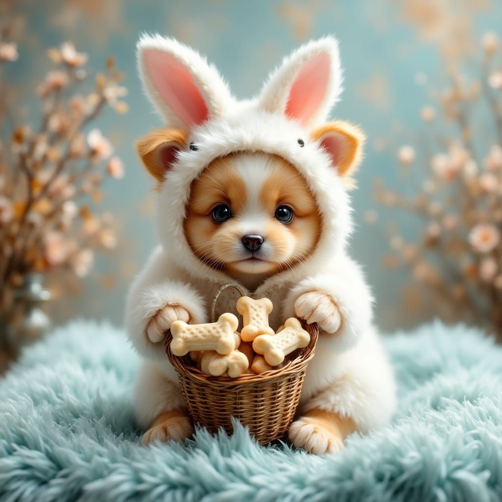Magical Easter Puppy in Whimsical Fantasy Scene