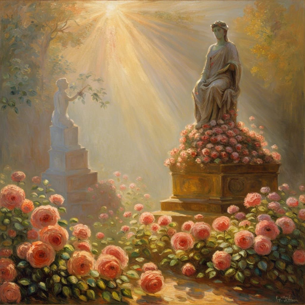 Statue in Roses: Impressionist Painting