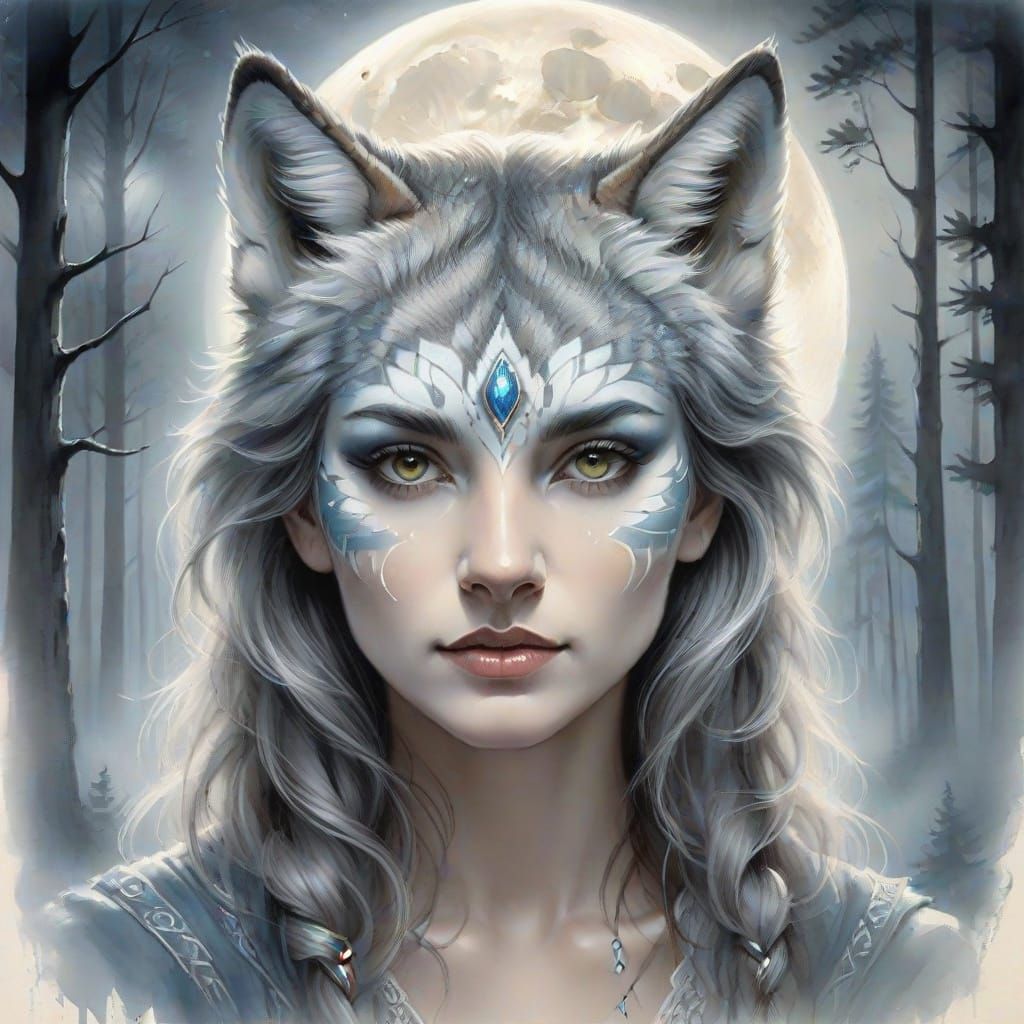 Woman with Wolf Face Paint in Mystical Forest
