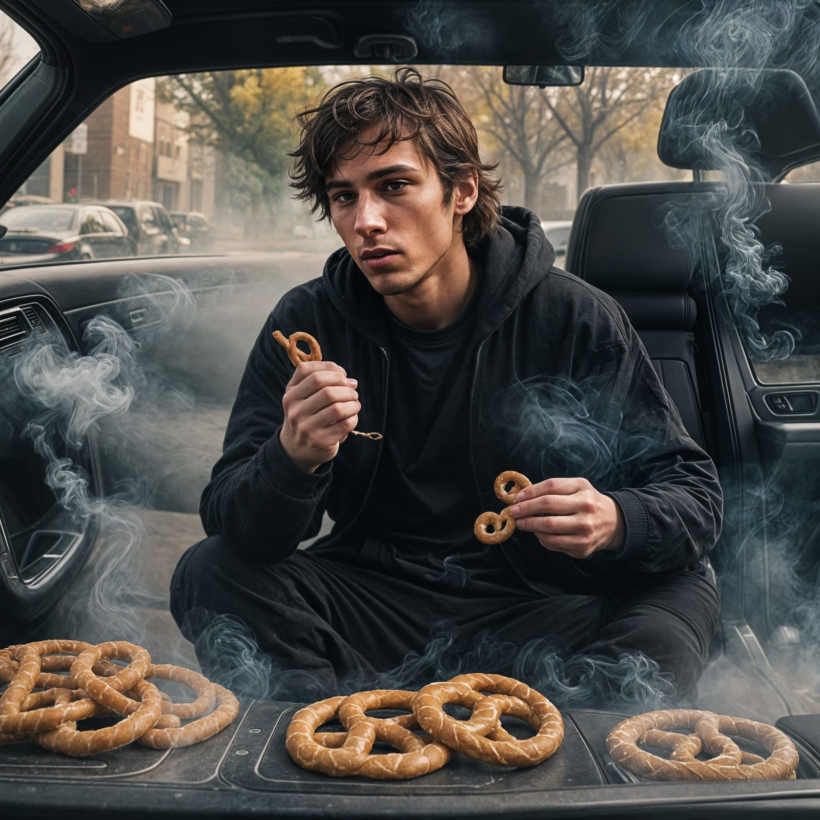 Skater Dude with Pretzel in Smoky Car