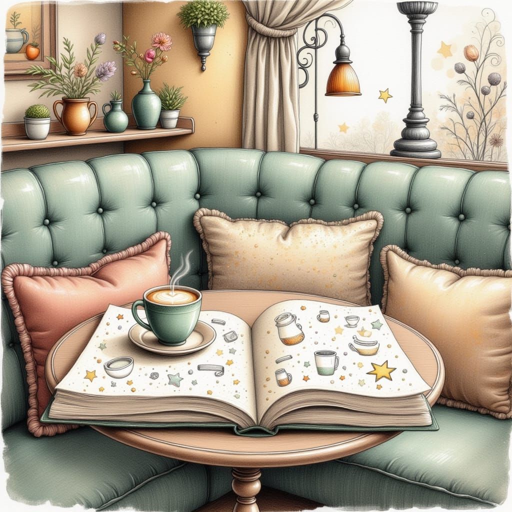 Cozy Cafe Booth with Sketchbook, Storybook Style