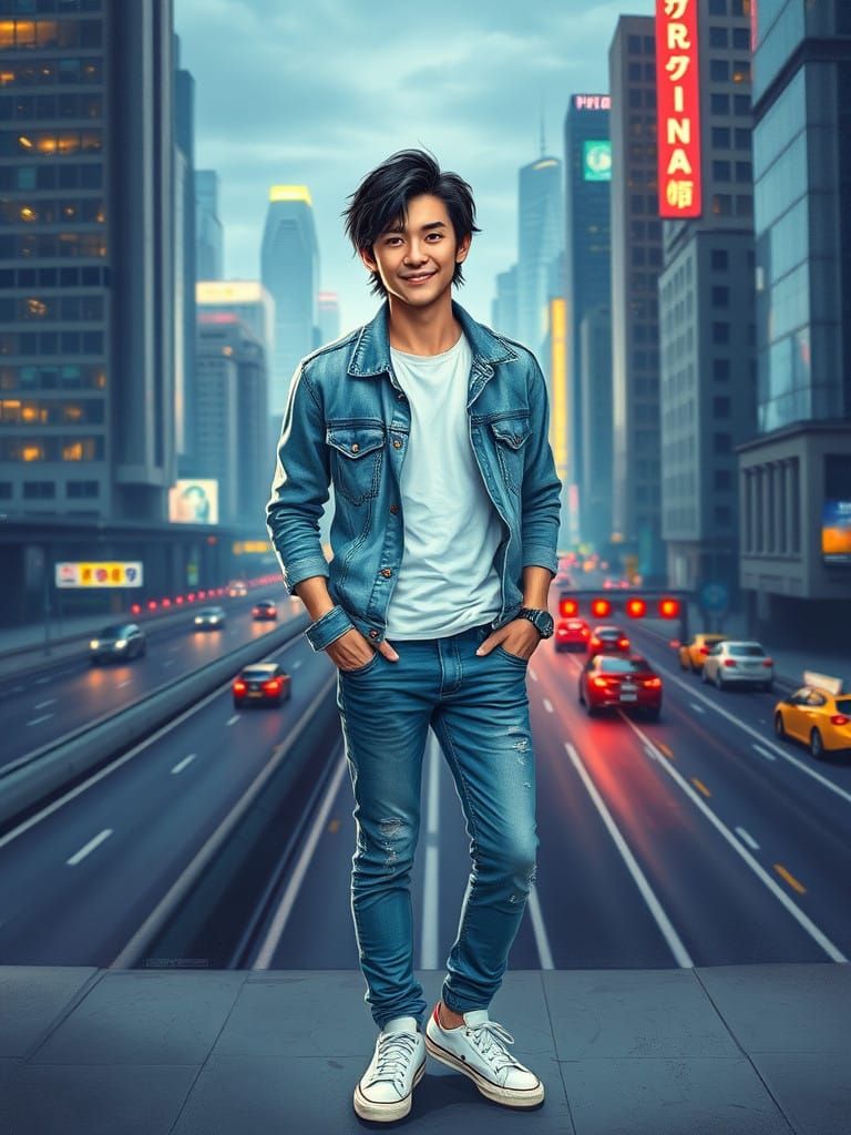 Confident Young Man in Retro-Futuristic Cityscape