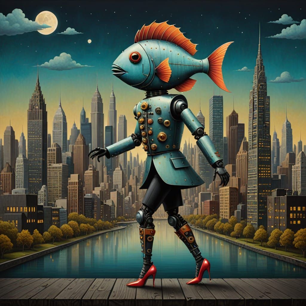 Surreal Robot Fish Dances in City Skyline Collage