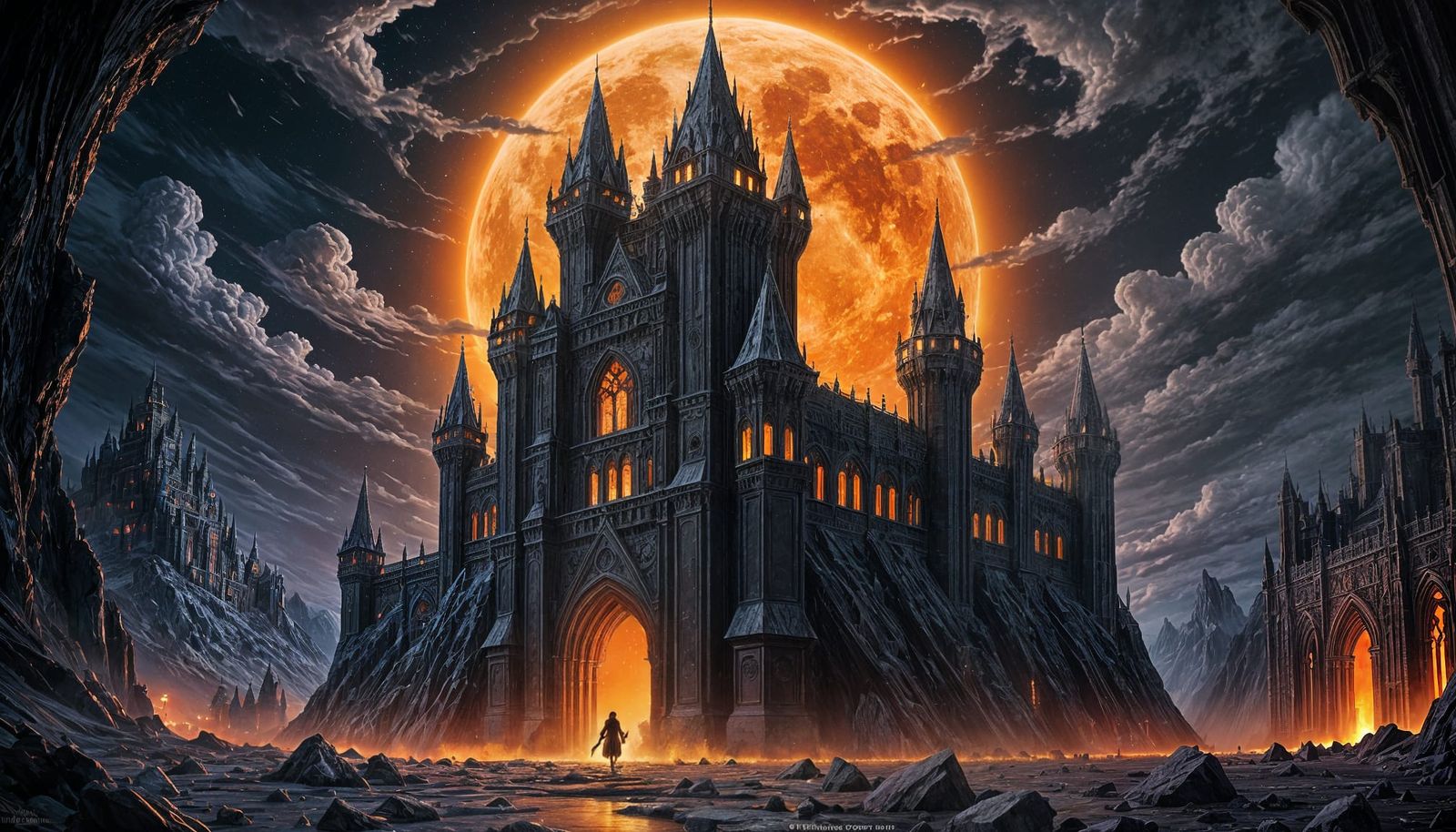 Gothic Fortress Under Swirling Sky in Dark Fantasy Scene