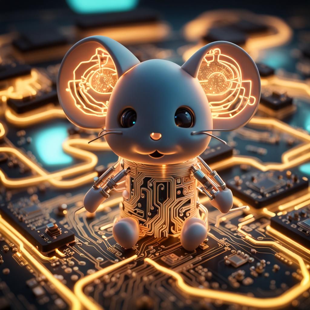 Cute Glowing Circuit Mouse on Computer Board