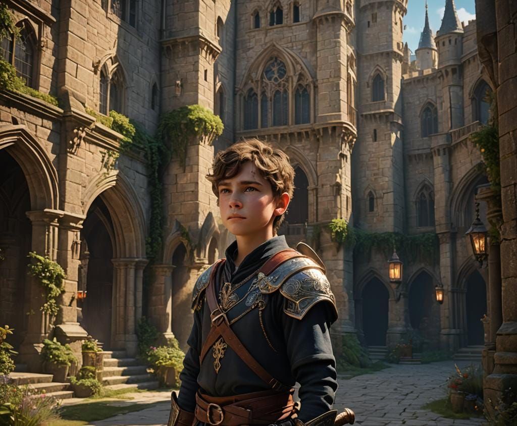 Young Knight in Sunlit Castle Courtyard