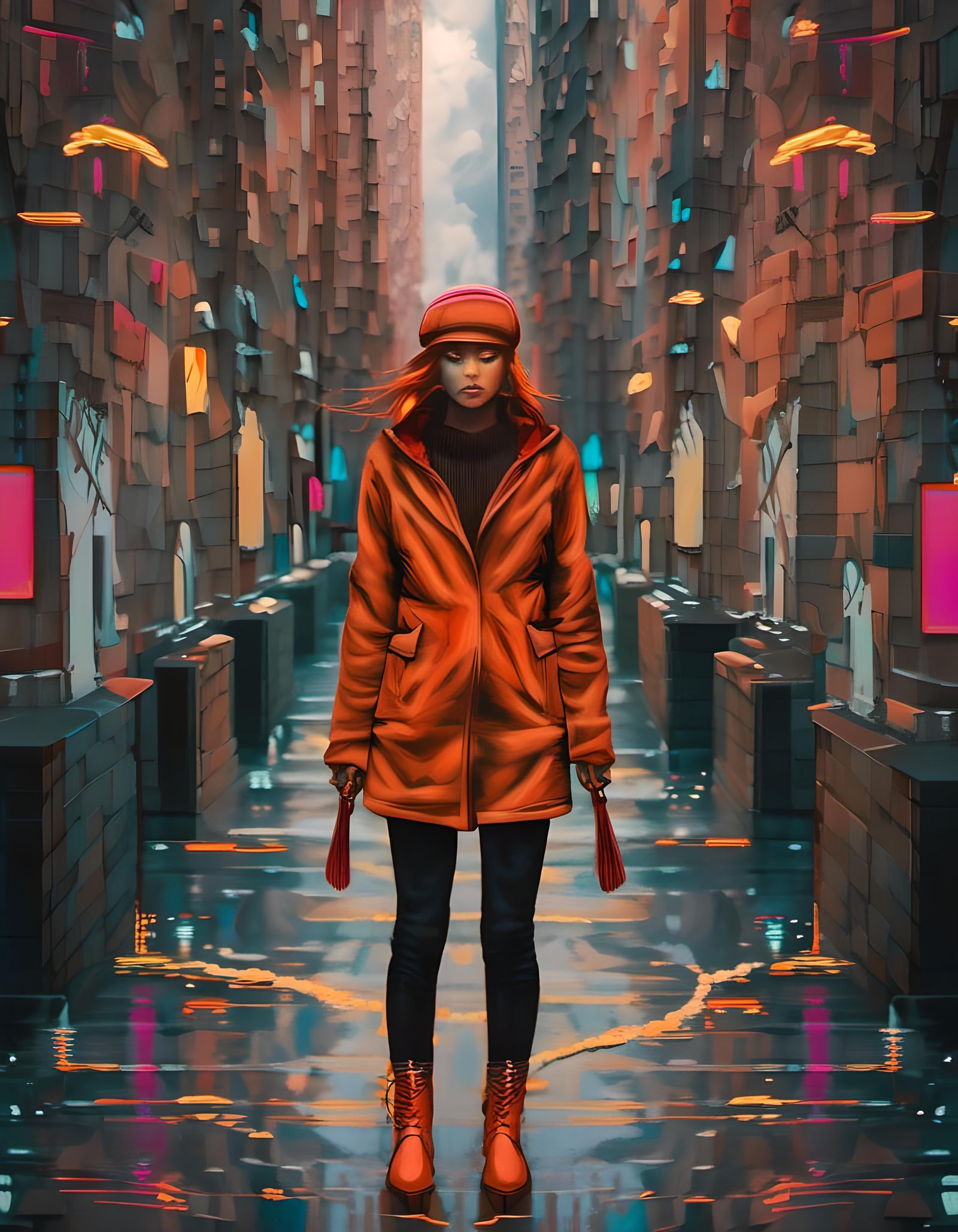 Orange-Clad Woman in Gritty Cyberpunk Alley