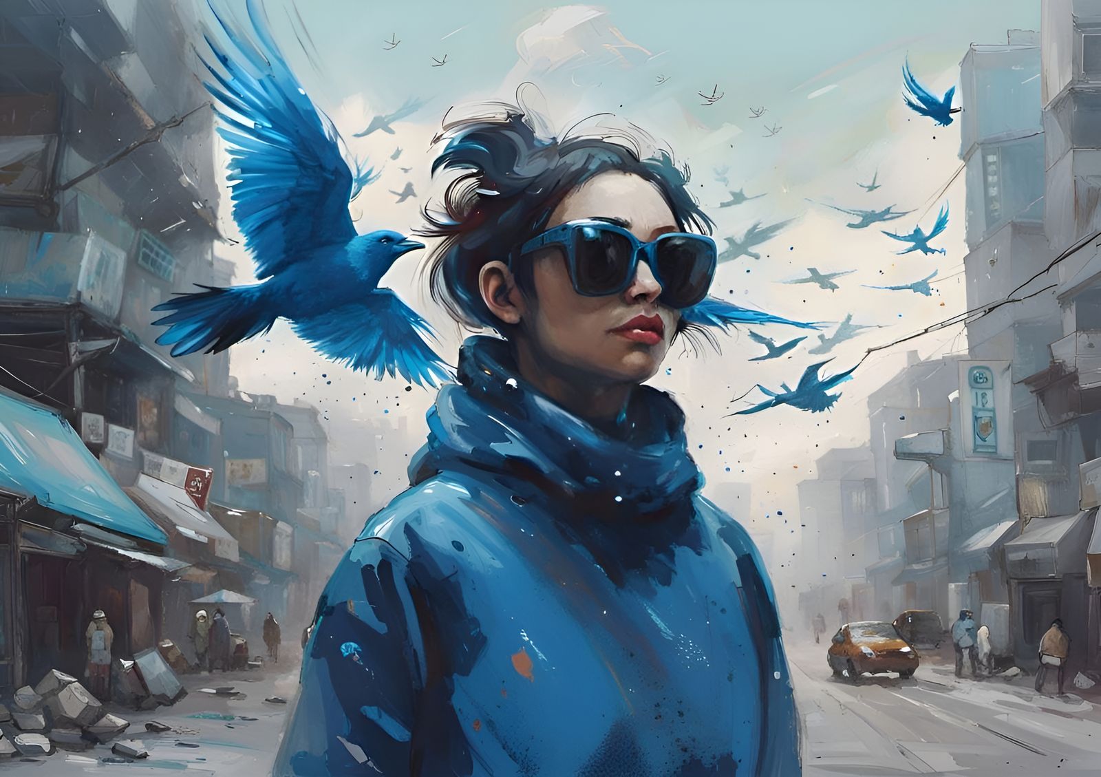 Blue and White Porcelain Bird in Cyberpunk Style