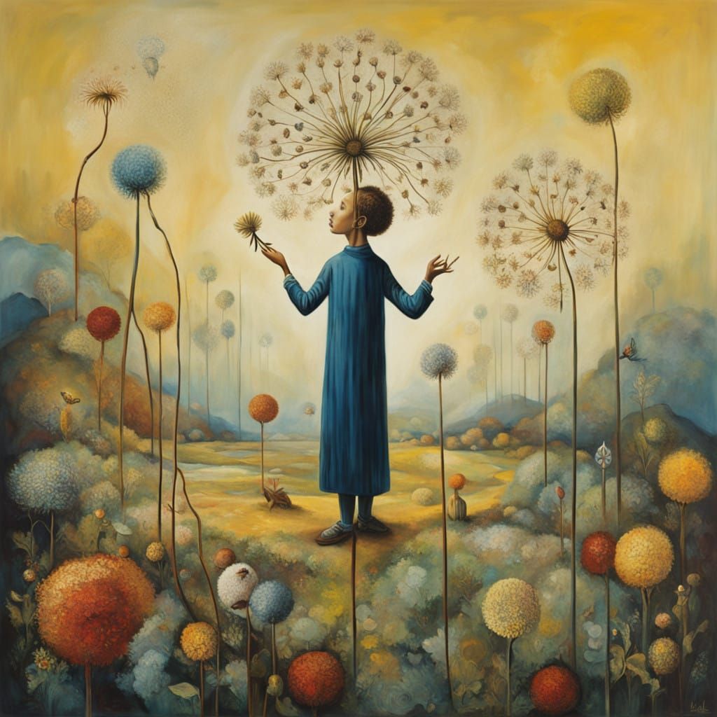 Whimsical Dandelion Delight: Gentle Giant Blows Curious Boys
