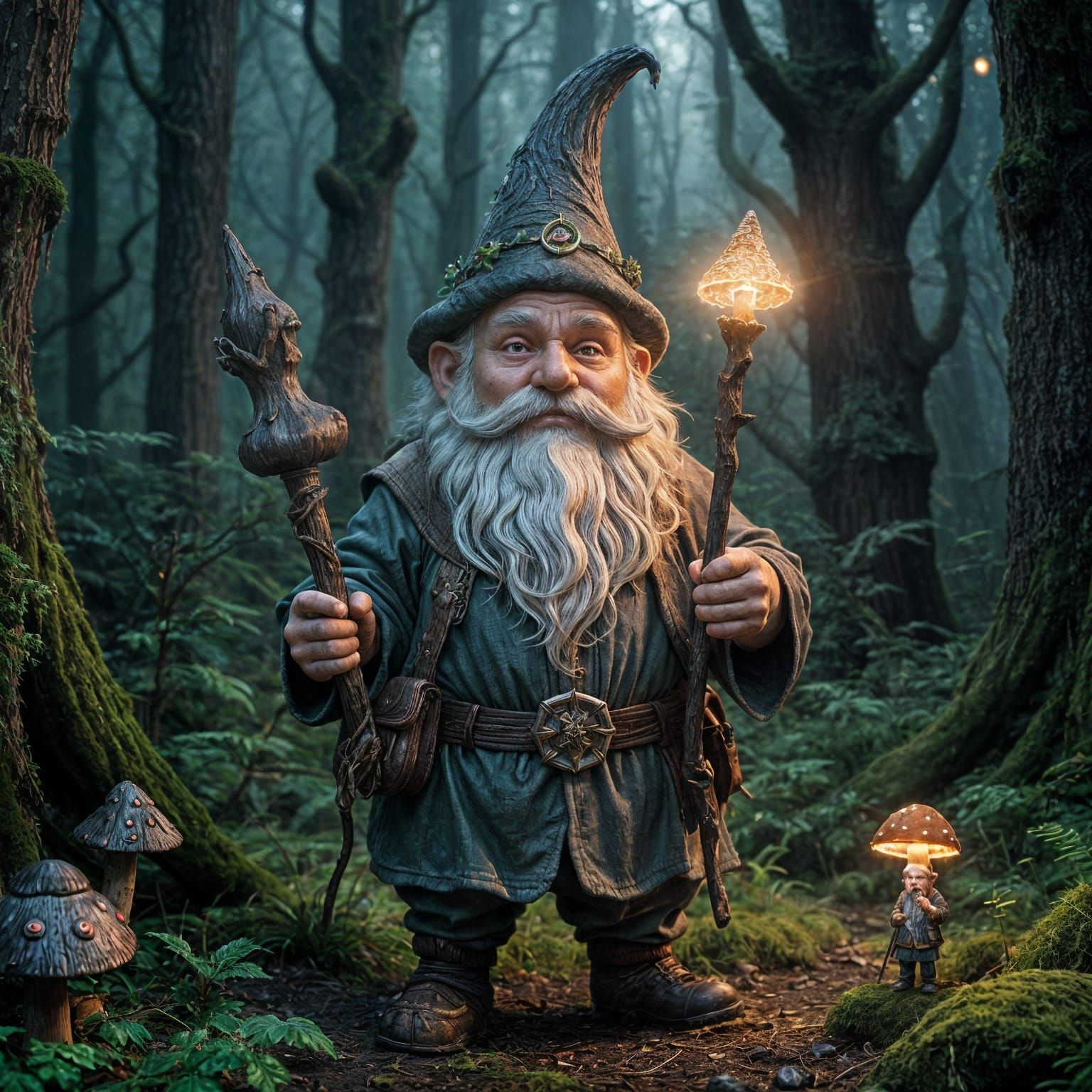 Mystical Gnome in Dark Fantasy Landscape