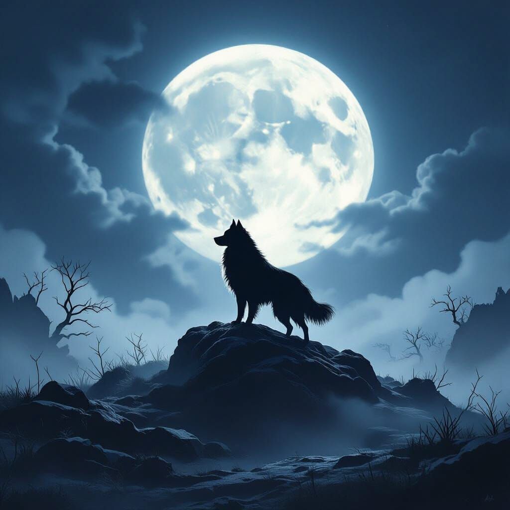 Noble Dog Howls at Luminous Full Moon