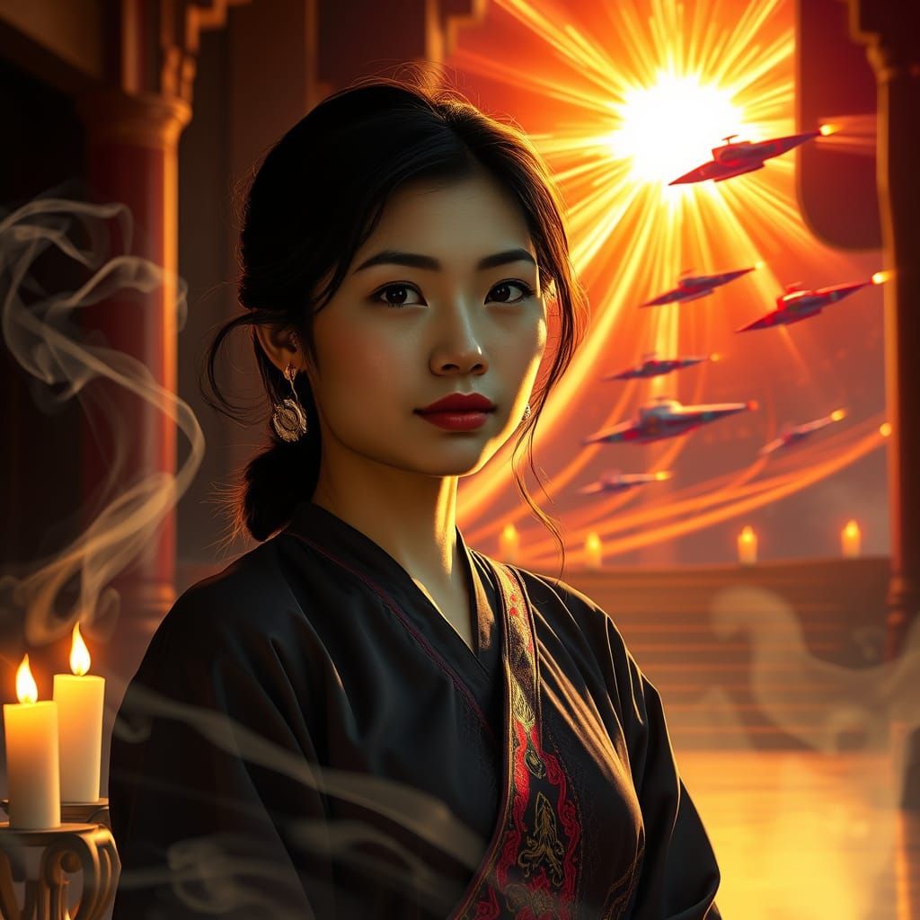 Cambodian Goddess in Temple, Golden Light and Candle Smoke