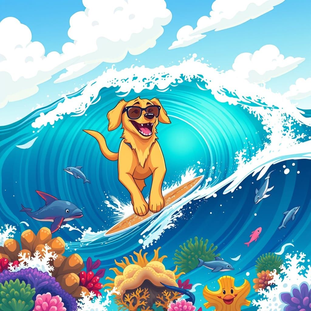 Golden Retriever Surfs Vibrant Coral Reef in Whimsical Carto...