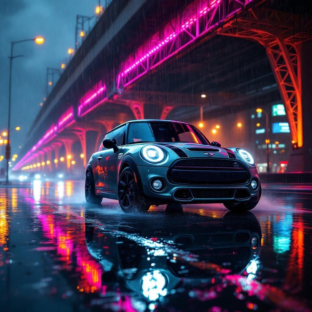 Mini Cooper JCW Under Neon Bridge in Hyperrealistic Style