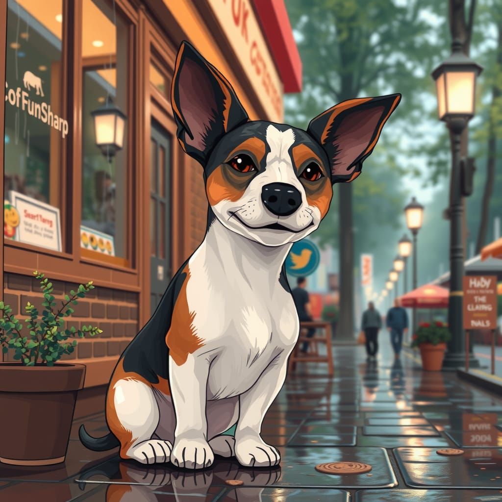 16 bit pixel art, Jack Russell Terrier outside of a coffeesh...