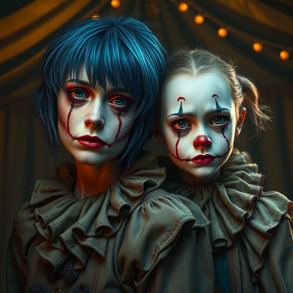 Melancholic Clowns: A Poignant Mother-Daughter Portrait