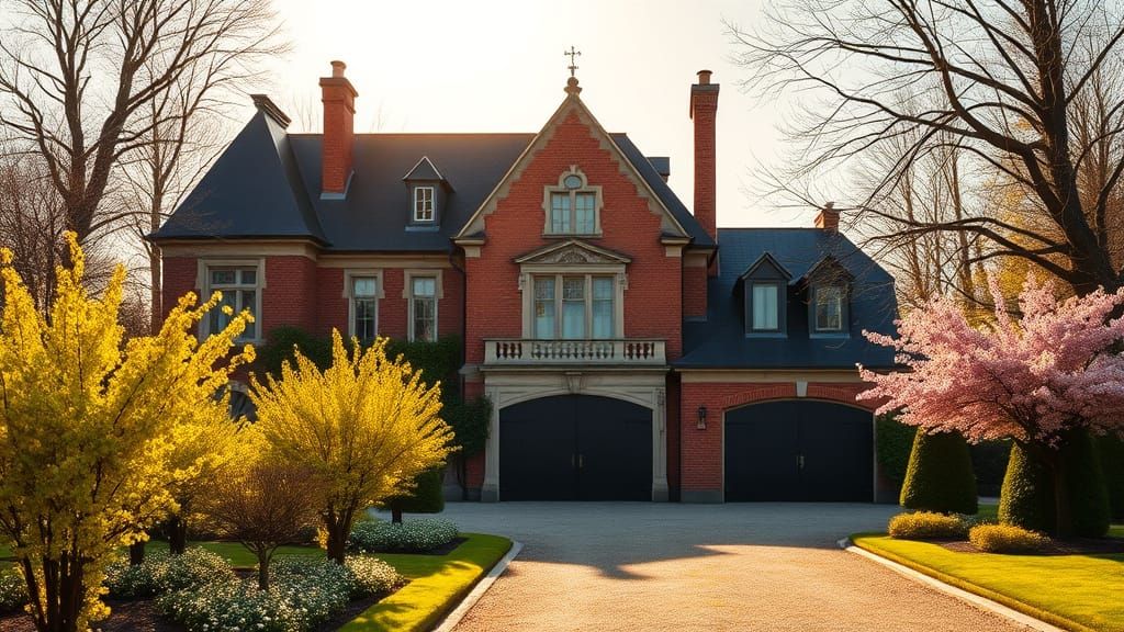 Grand Chateau with Majestic Garden in Golden Afternoon Light