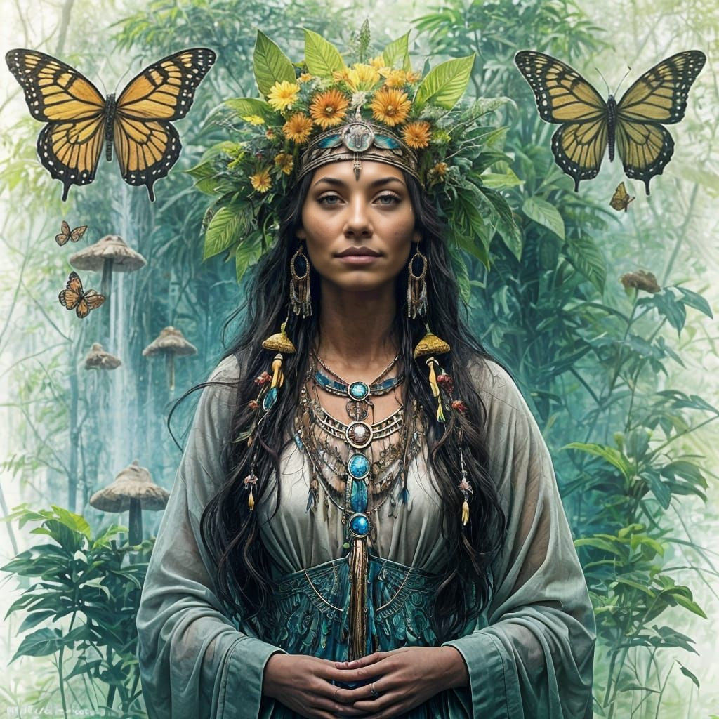 Ethereal Native American Priestess in Jungle Paradise