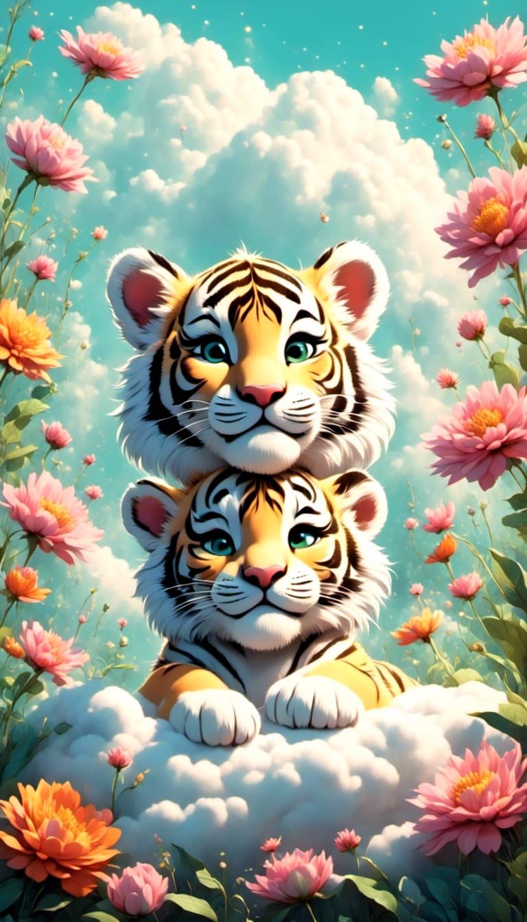 Cute White Tiger Sleeping on a Cloud
