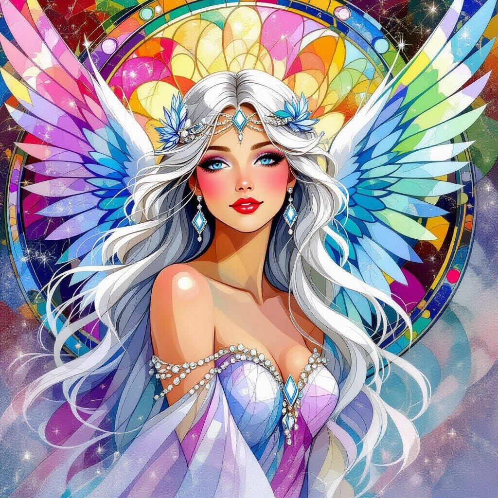 Colorful Angel with Silver Hair in Mosaic Style