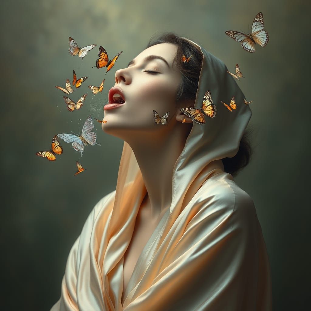 Ethereal Woman in Iridescent Robe Amidst Whispy Butterflies