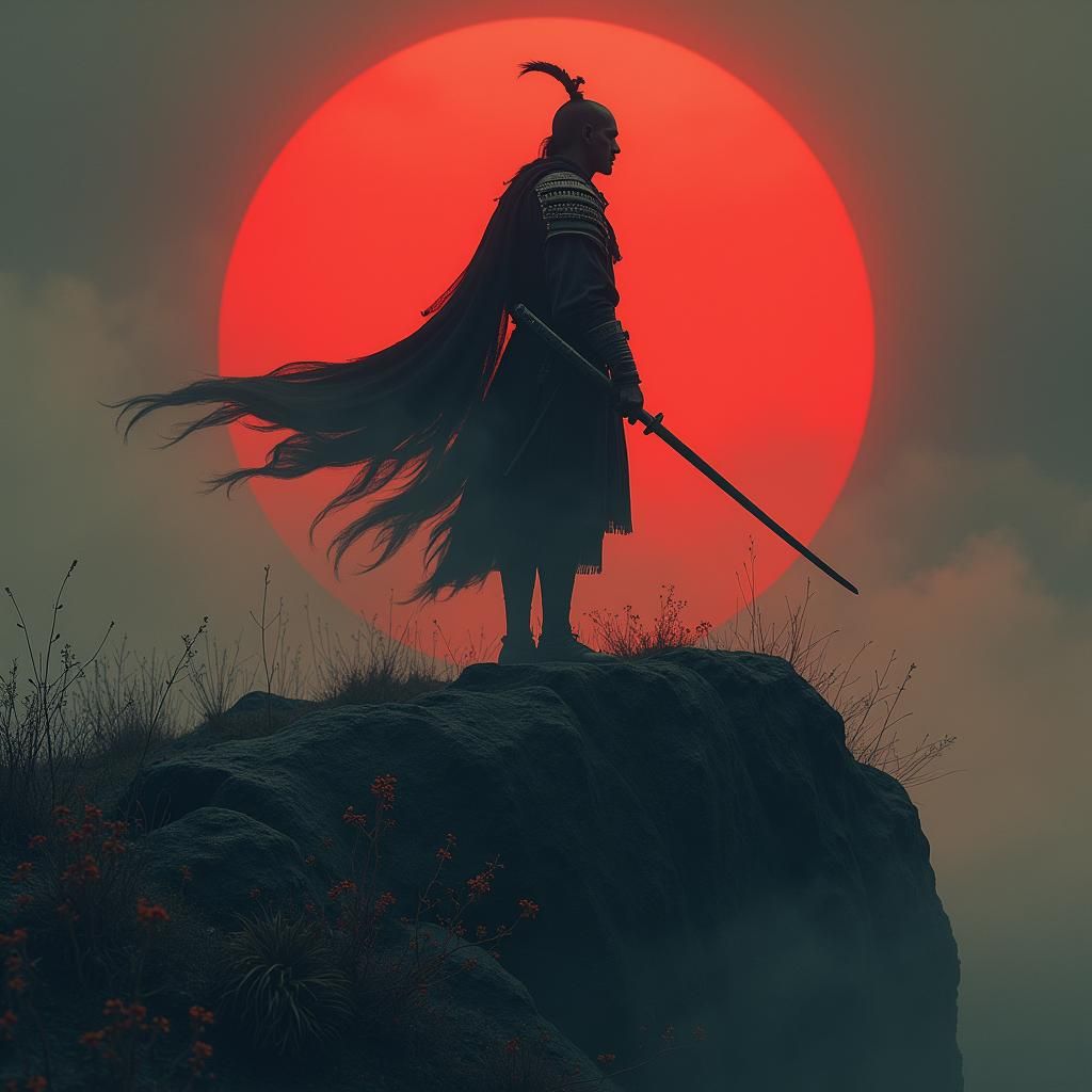 Samurai on Hill in Dark Sci-Fi Style