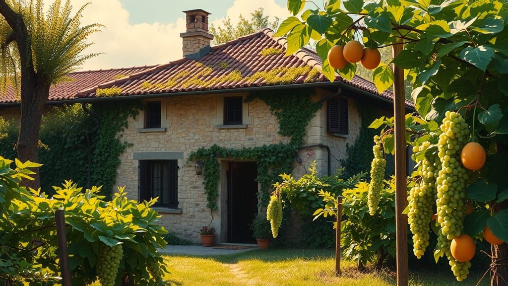 Stone Cottage in a Lush Vineyard Landscape