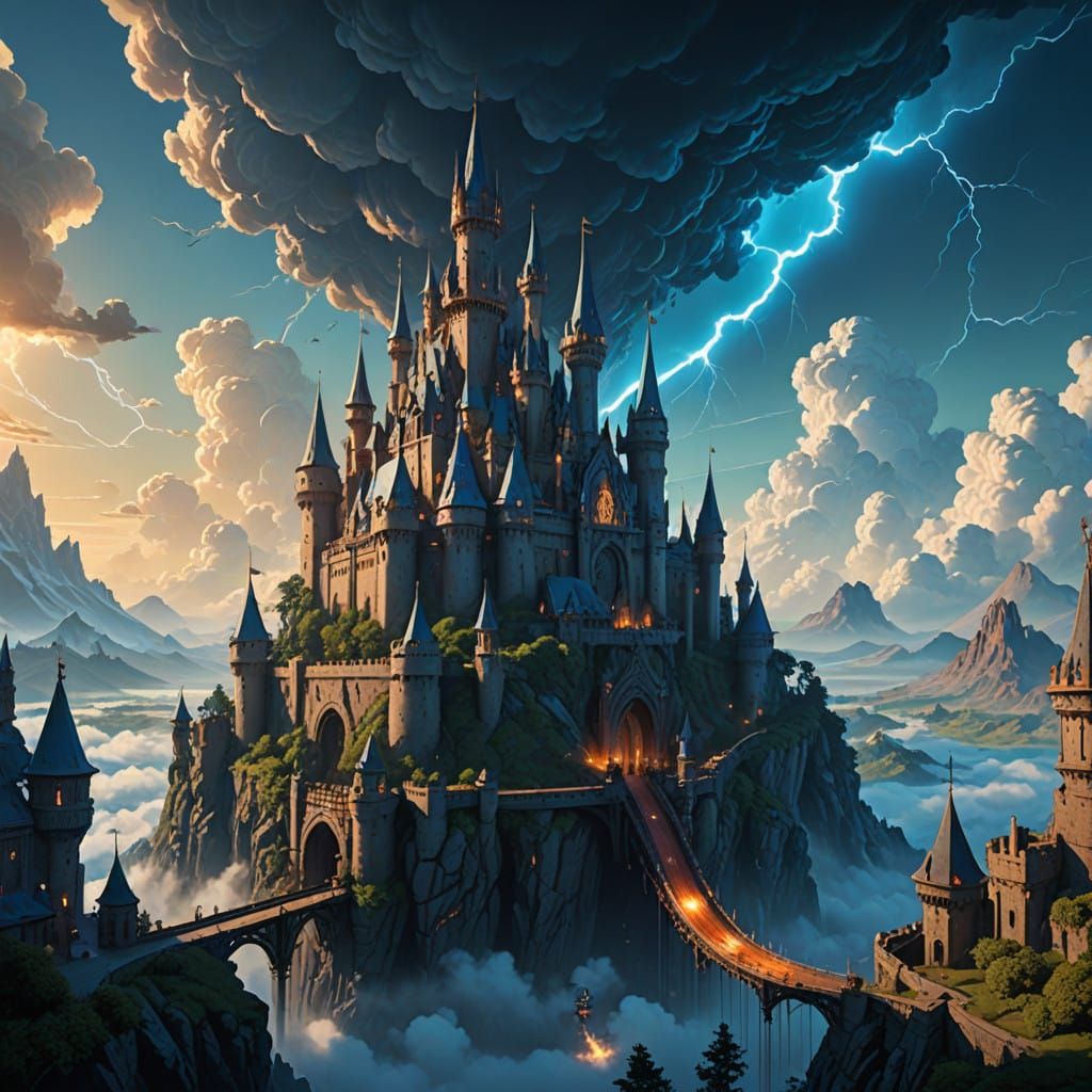 Majestic Castle Levitates Amidst Dragons and Stormy Skies in...