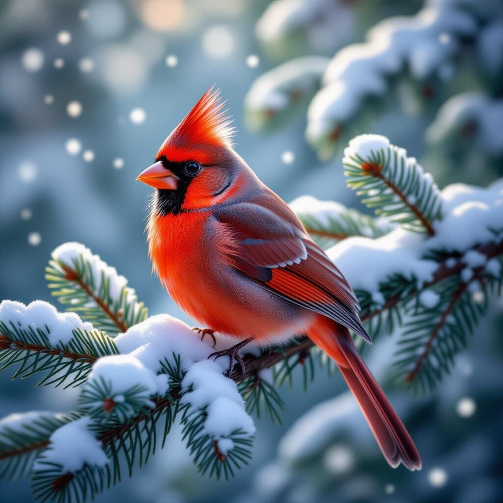 Vibrant Cardinal on Snowy Pine Branch Oil Painting