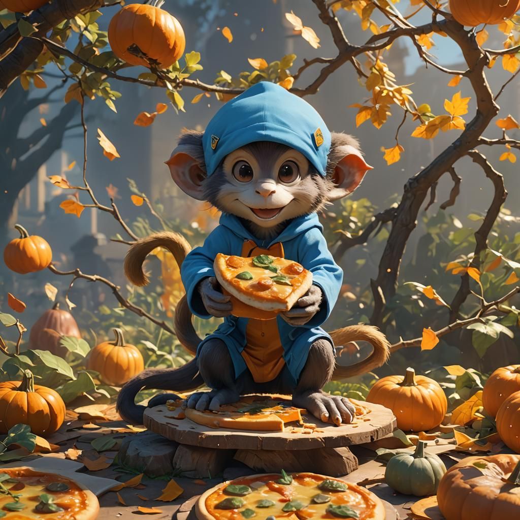 Smurf Monkey's Pumpkin Pizza in Anime Style