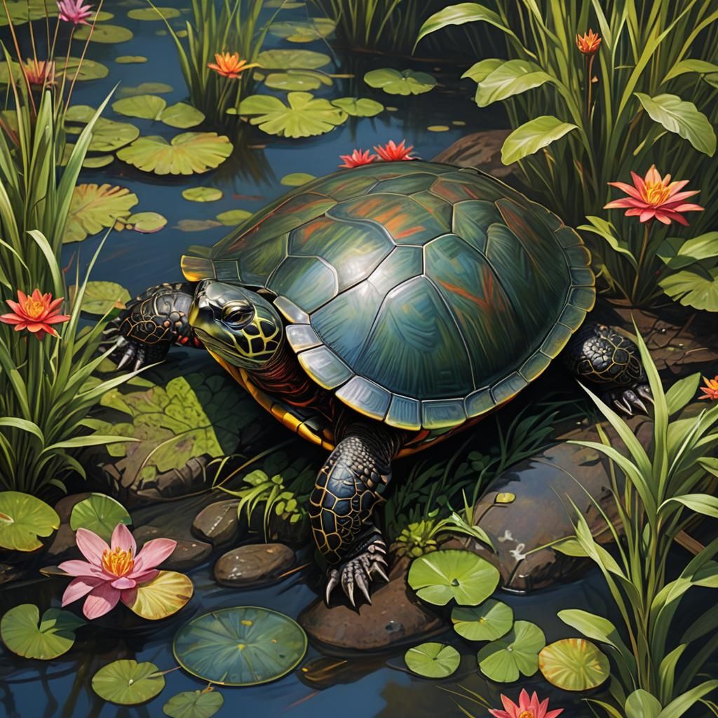 Detailed Turtle Portrait in Waterhouse Style