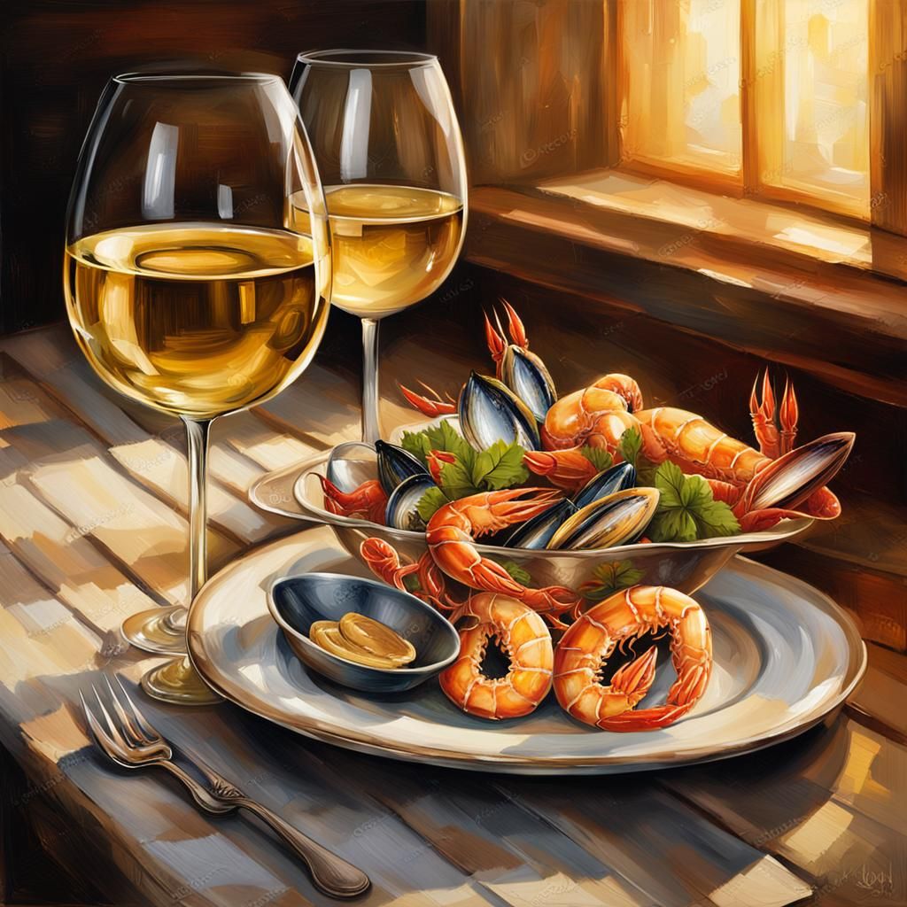 Wine and Seafood Still Life in Dutch Master Style
