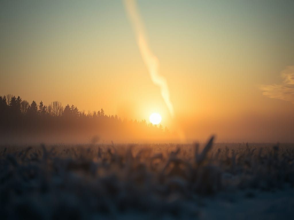 Hazy Winter Sunrise Over Snowy Boreal Swamp