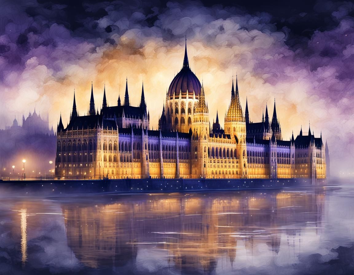 Dreamlike Budapest Parliament at Night in Watercolor Style
