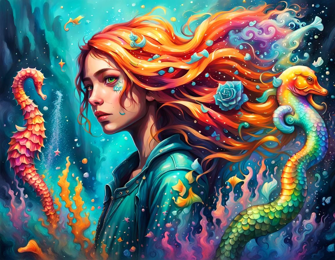 Colorful Mermaid with Seahorse in Graffiti Art Style