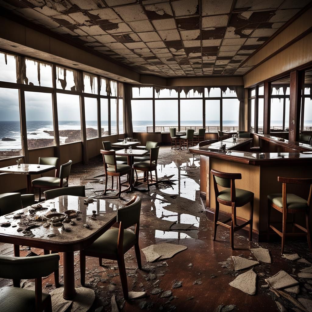 Abandoned hotel lobby with a hinted vintage dining area,