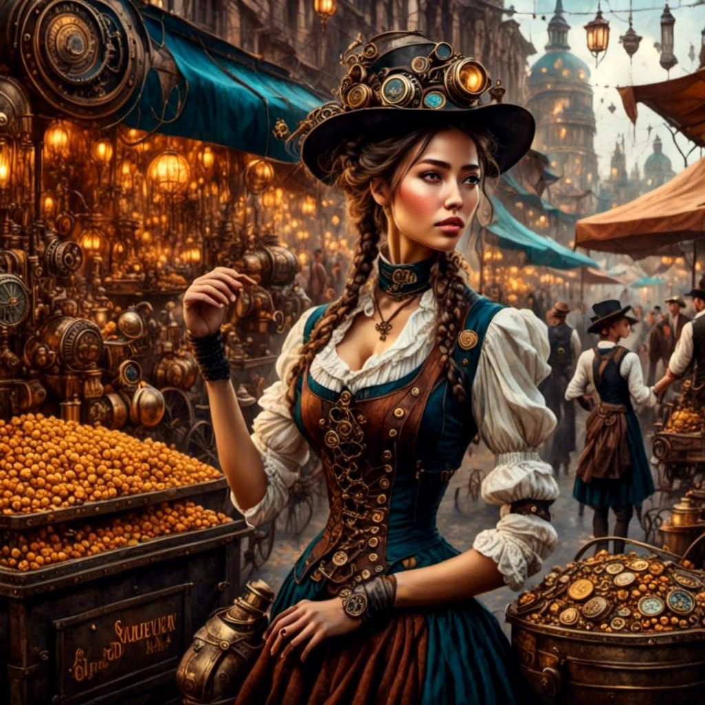 Steampunk Woman in Metropolis, Dutch Golden Age Style