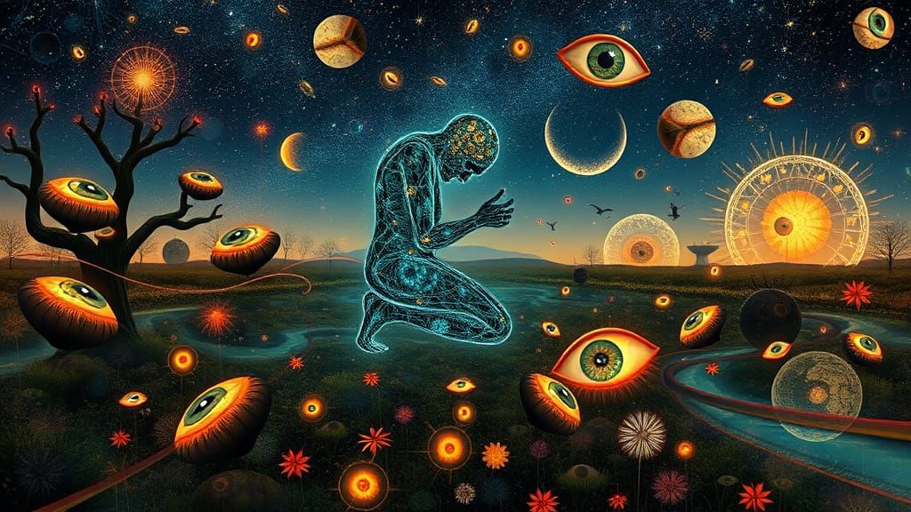 Bio Art Collage of Glowing Creatures in Cosmic Realms