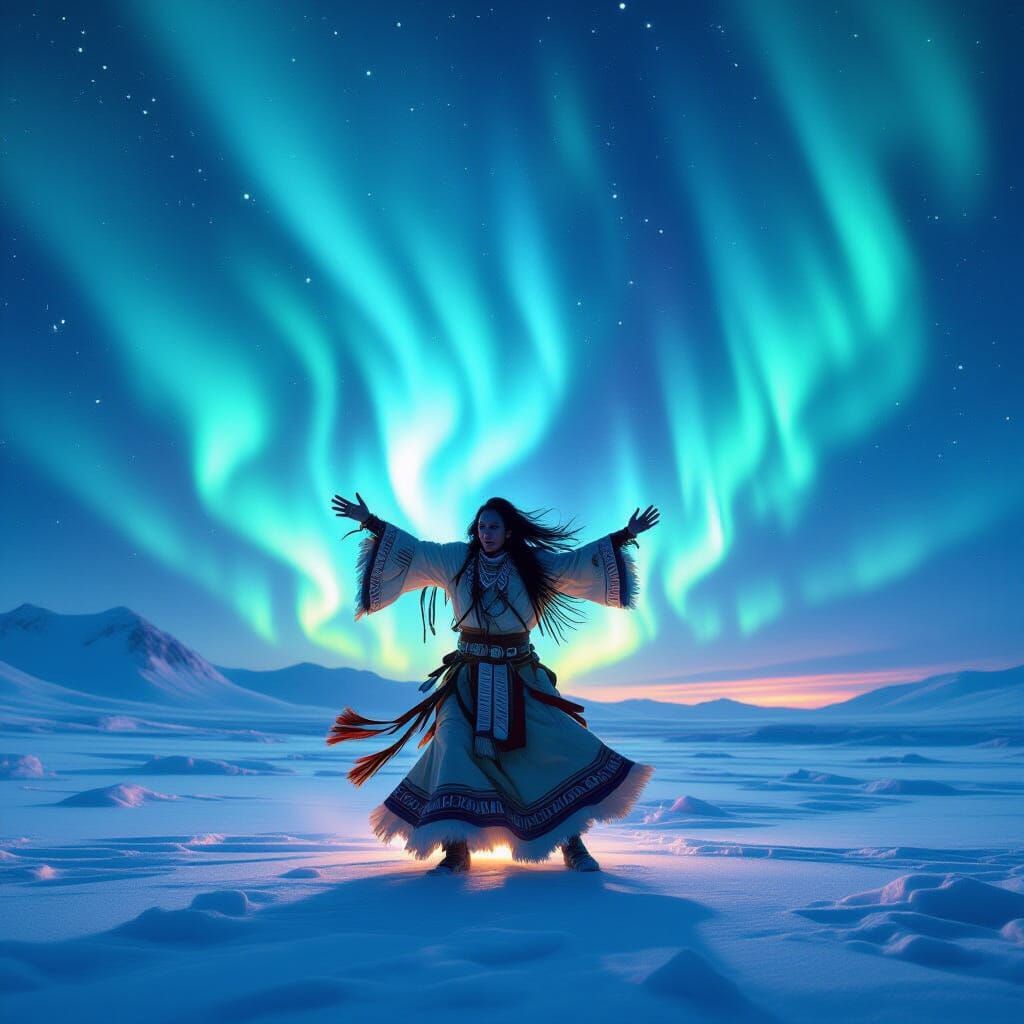Shaman Dances Under Spirit Aurora, Hyperrealistic