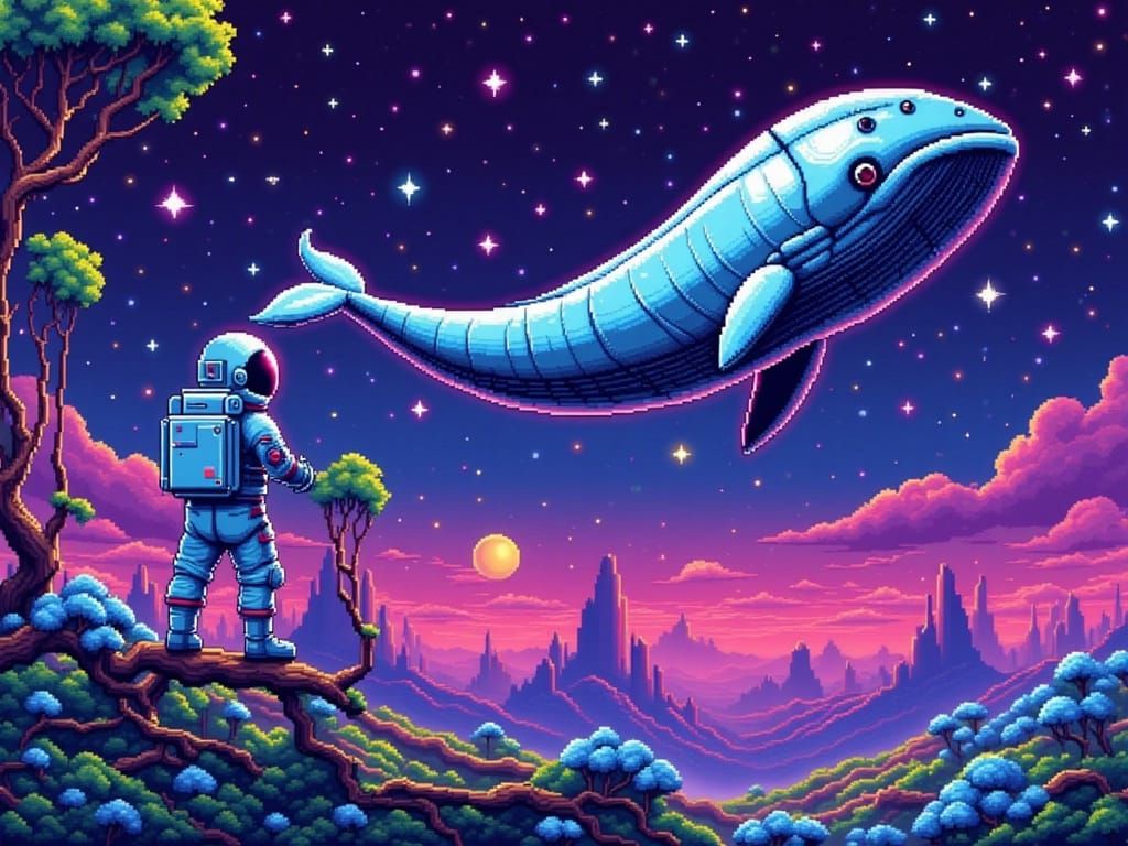 Astronaut Watches Alien Whale in Cosmic Landscape Pixel Art
