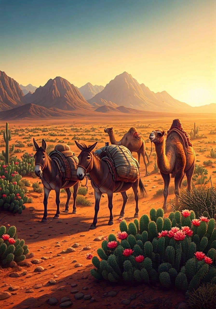 Vibrant Desert Caravans Meet Amidst Flowering Cacti in Water...