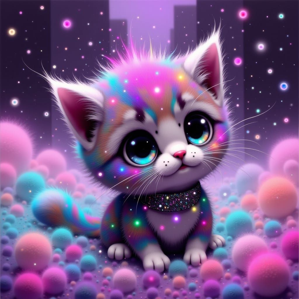 Fluffy Cat Plays in Iridescent Whirlwind, Whimsical Style