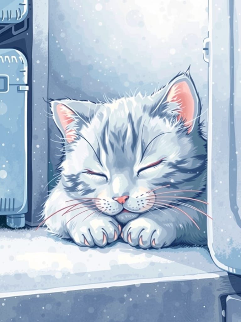 A cute gray kitten that fell asleep in a freezer