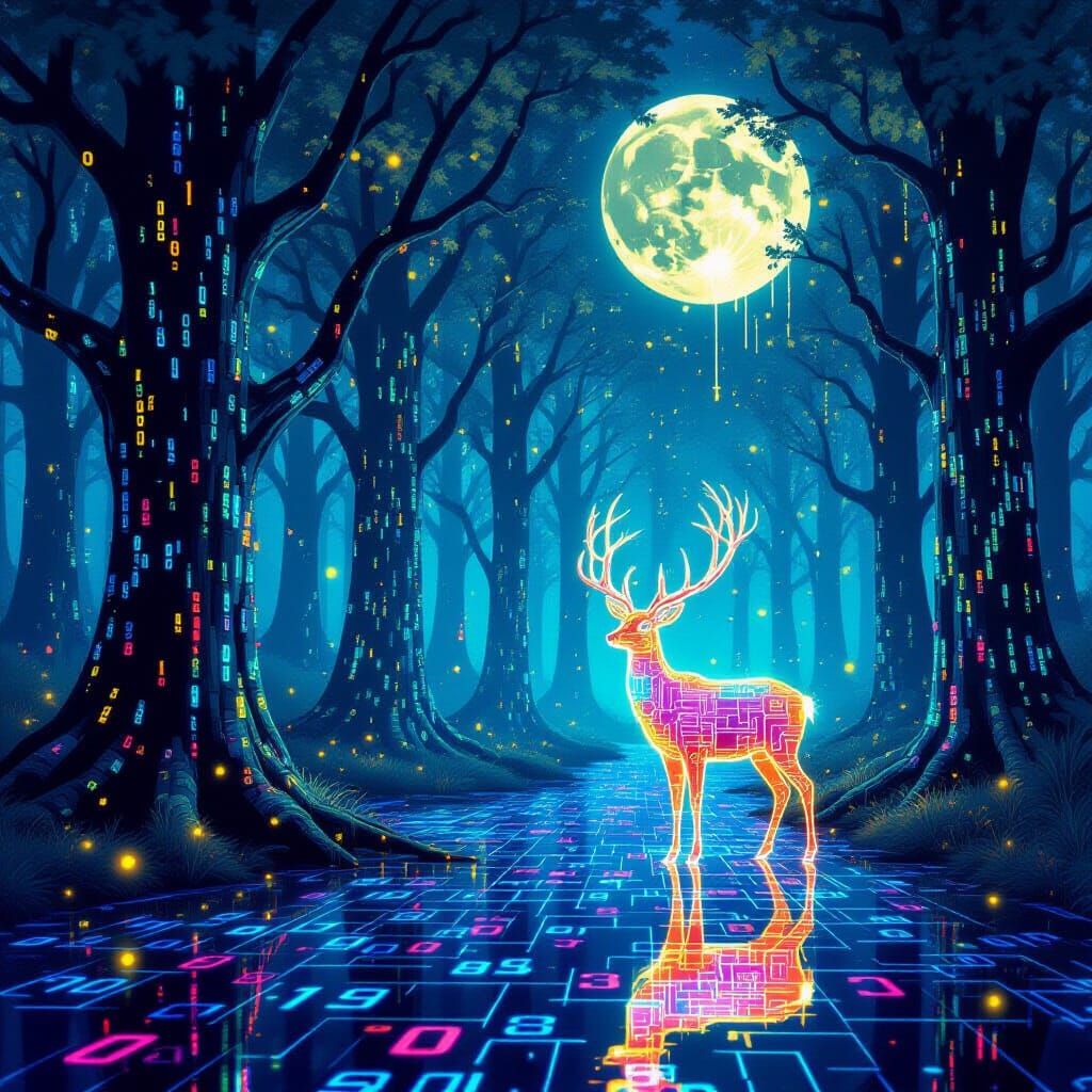 Surreal Code Forest with Digital Deer