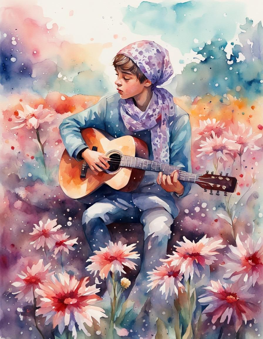 Pastel Watercolor: Boy Serenades Girl in Flower Field