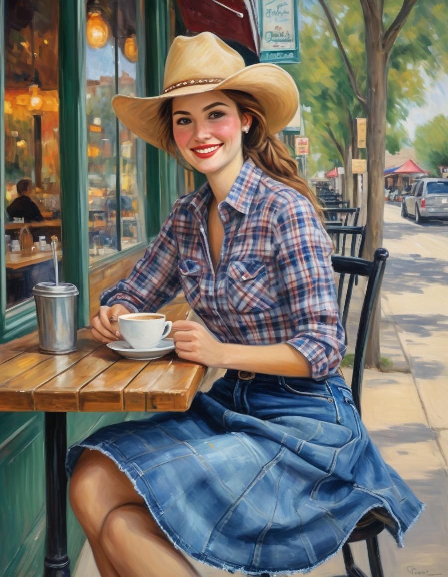 Elegant Cowgirl at Texas Cafe: Impressionist Portrait
