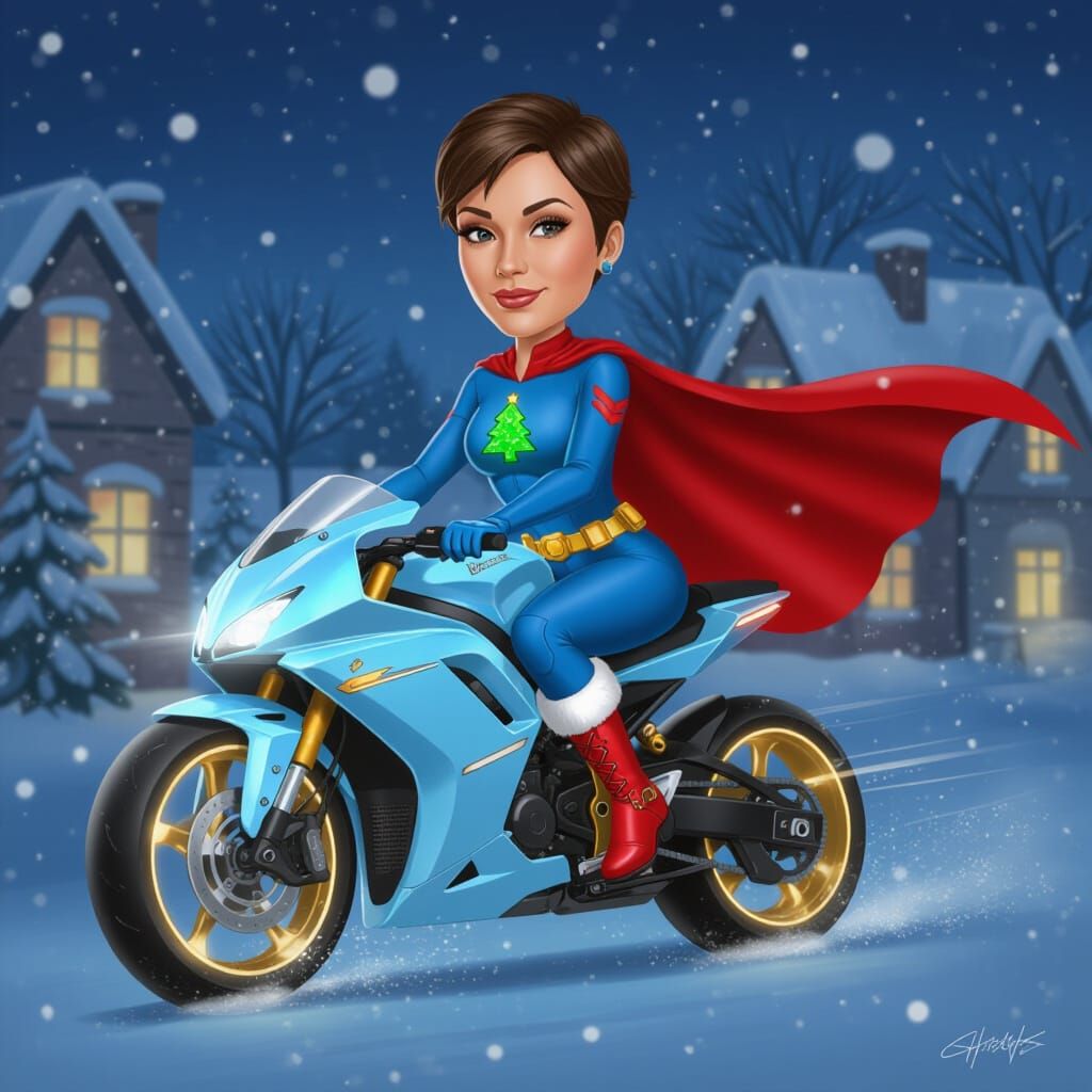 Female Superhero Rides Futuristic Bike Through Snowy Christm...
