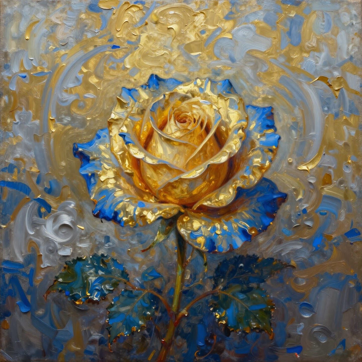 Golden Blue Rose Oil Painting with Dramatic Contrast