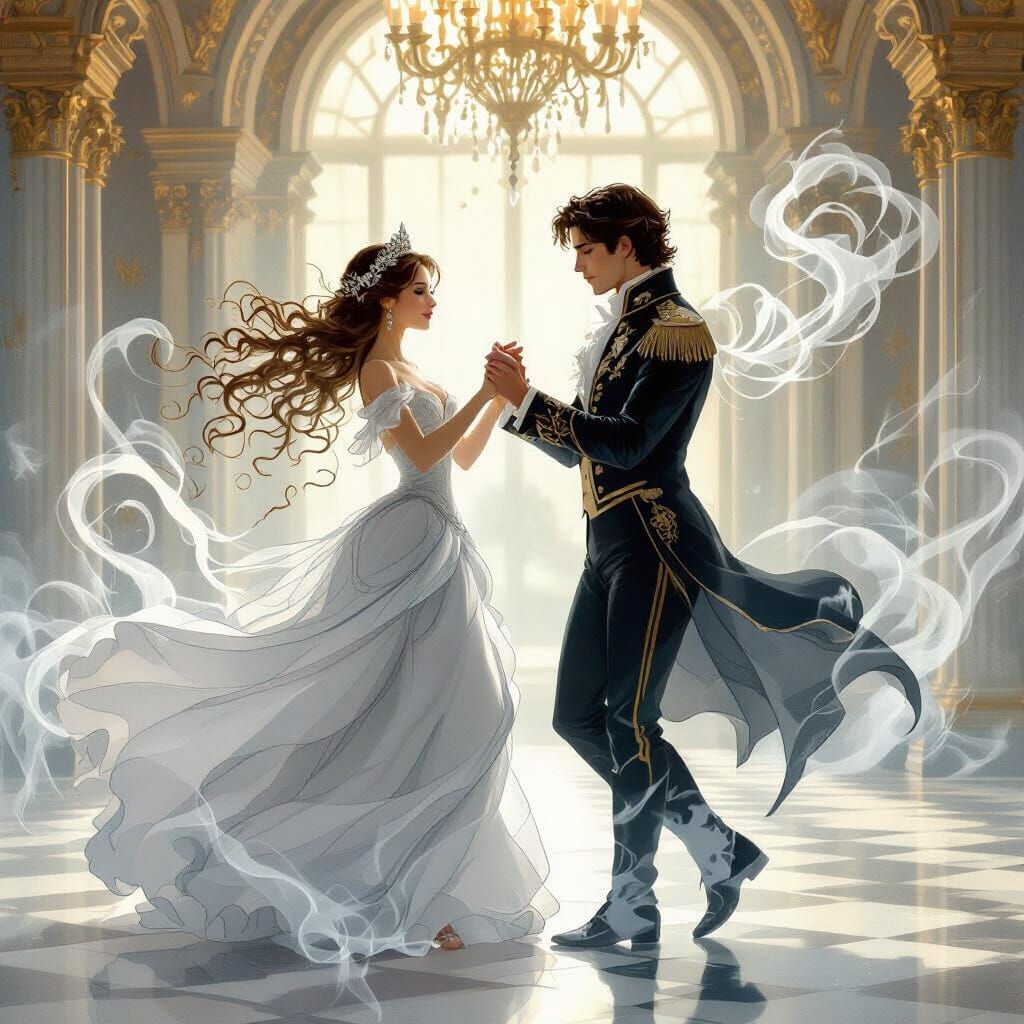Smoke Princess and Prince Waltz in Palace, Dreamy Art