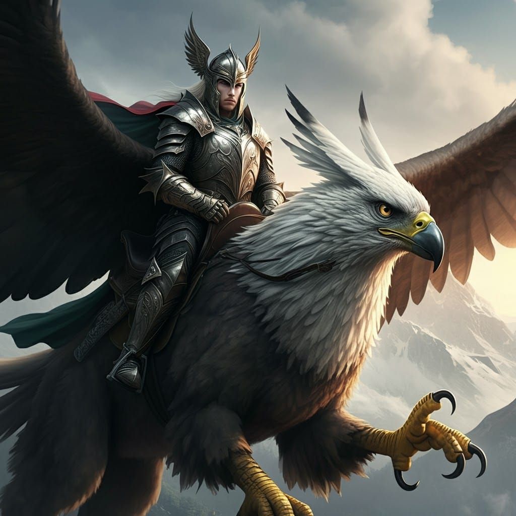 Armored Elf Warrior on Flying Griffin: Fantasy Masterpiece